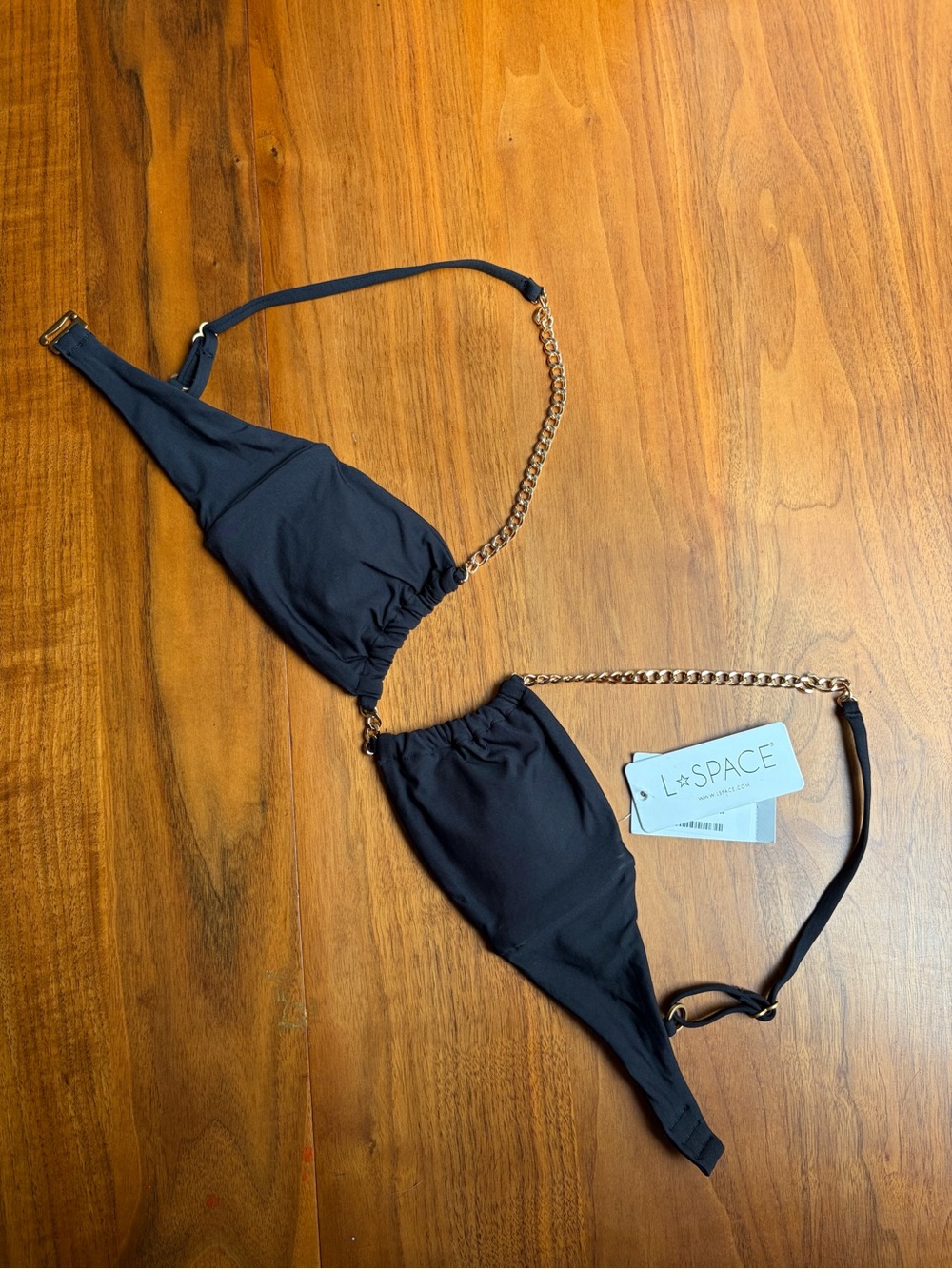 l*space Black Bikini Top with Gold Chain Accent